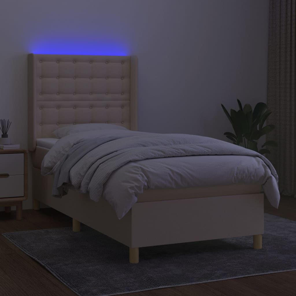 Cama box spring c/ colchão e LED 90x190 cm tecido cor creme