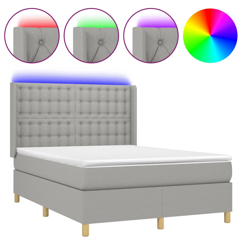 Cama box spring c/ colchão e LED 140x190 cm tecido cinza-claro