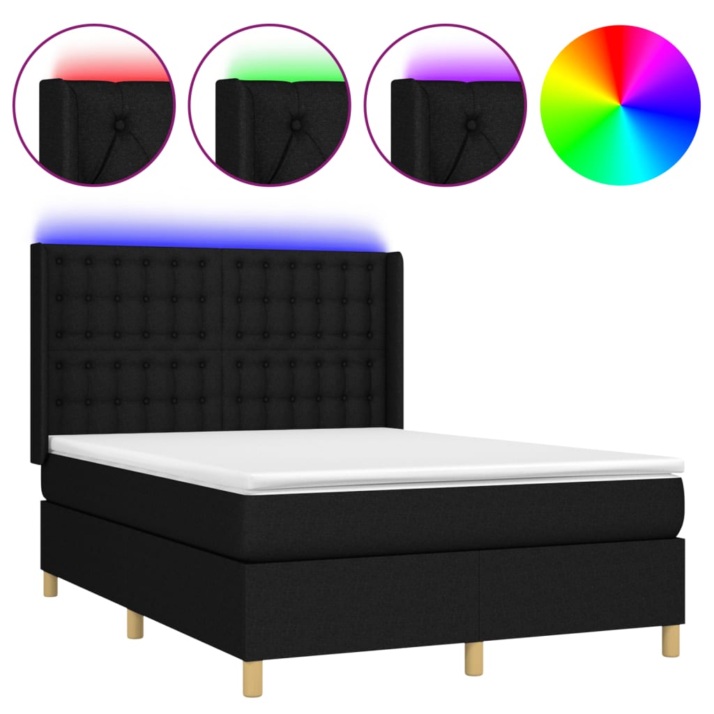 Cama box spring c/ colchão e LED 140x190 cm tecido preto