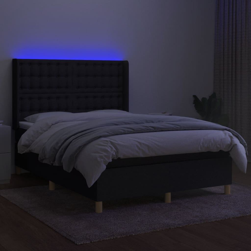 Cama box spring c/ colchão e LED 140x190 cm tecido preto