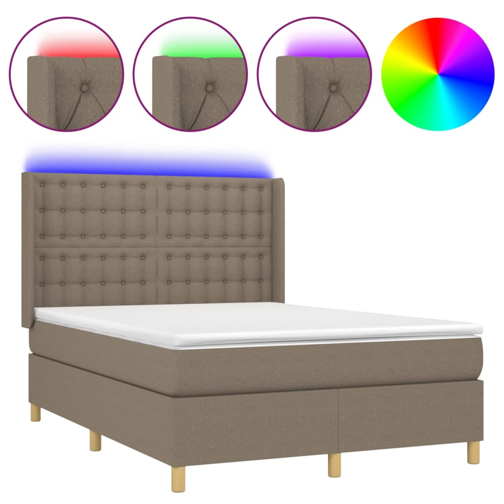 Cama box spring colchão/LED 140x190cm tecido cinza-acastanhado