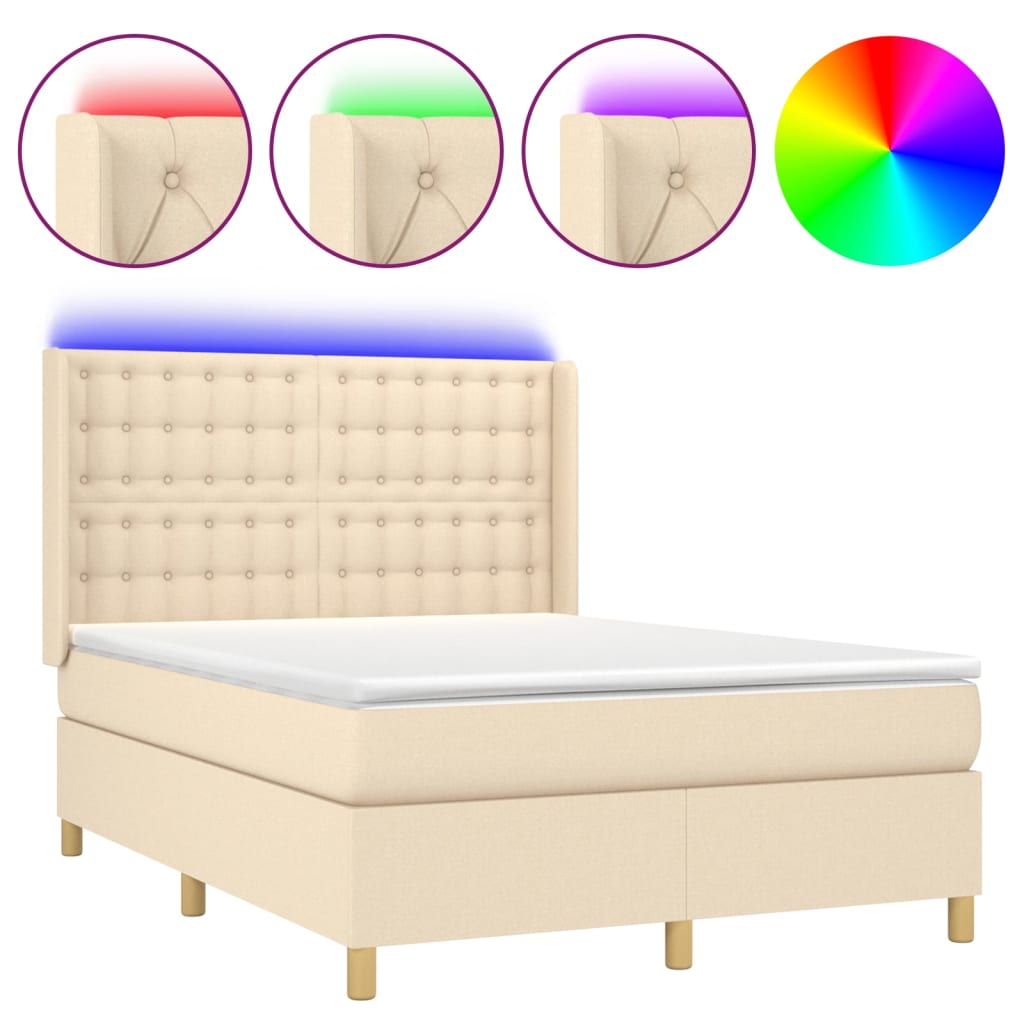 Cama box spring c/ colchão e LED 140x190 cm tecido cor creme