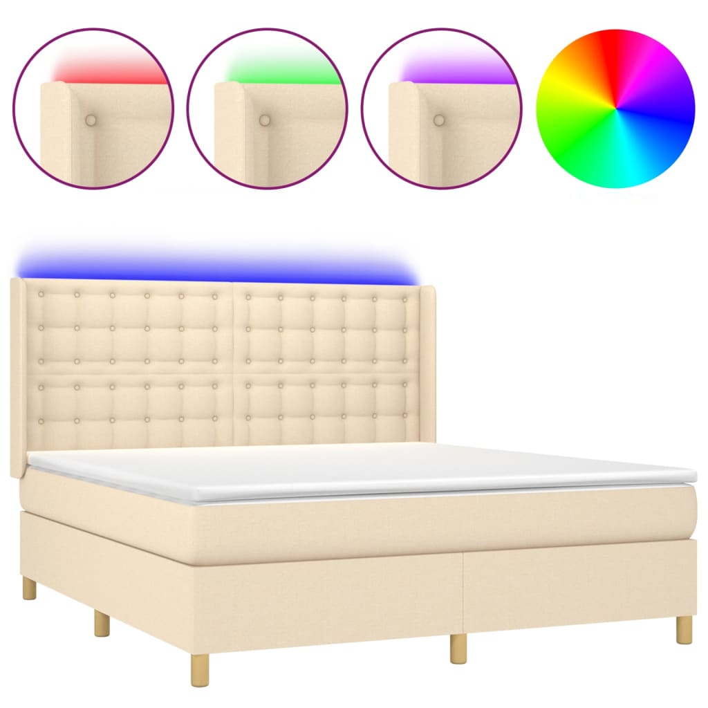 Cama box spring c/ colchão e LED 180x200 cm tecido cor creme