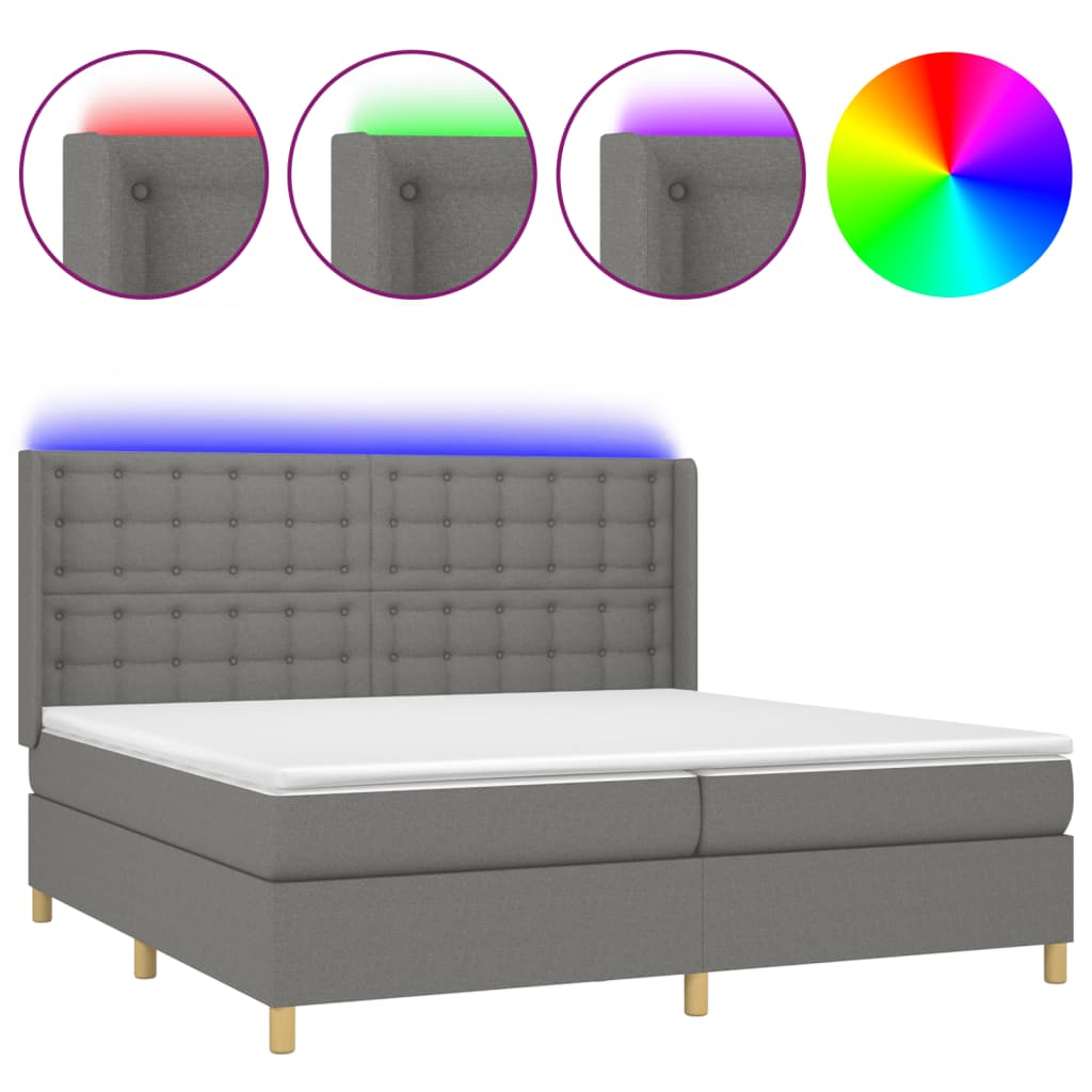 Cama box spring c/ colchão e LED 200x200 cm tecido cinza-escuro