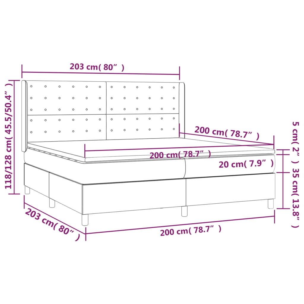 Cama box spring colchão/LED 200x200cm tecido cinza-acastanhado