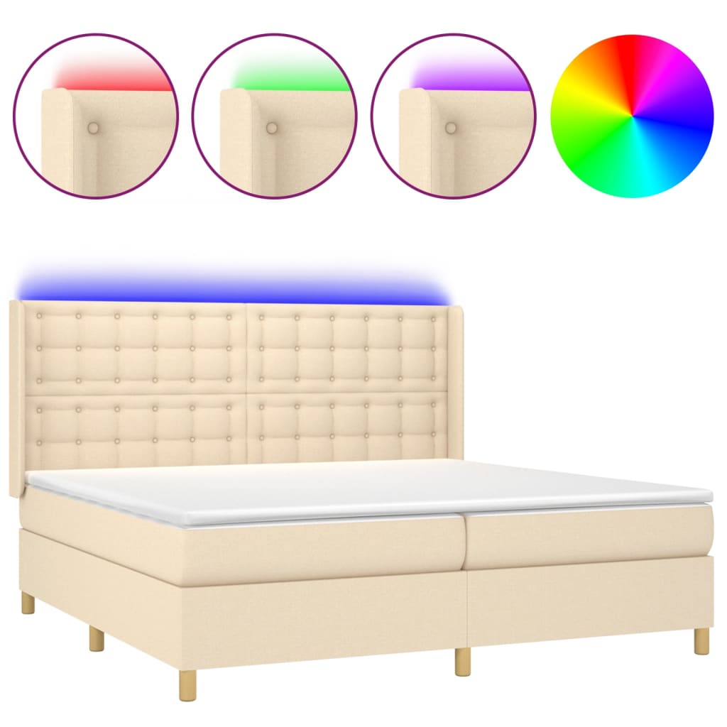 Cama box spring c/ colchão e LED 200x200 cm tecido cor creme