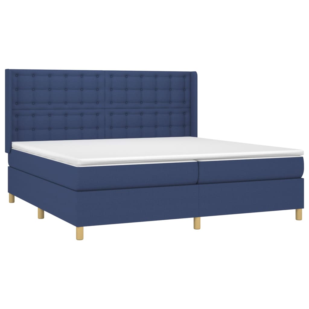 Cama box spring c/ colchão e LED 200x200 cm tecido azul