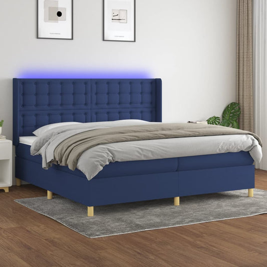 Cama box spring c/ colchão e LED 200x200 cm tecido azul