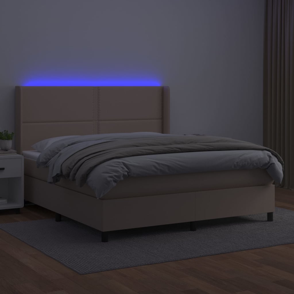 Cama box spring c/colchão/LED 160x200cm couro artif. cappuccino