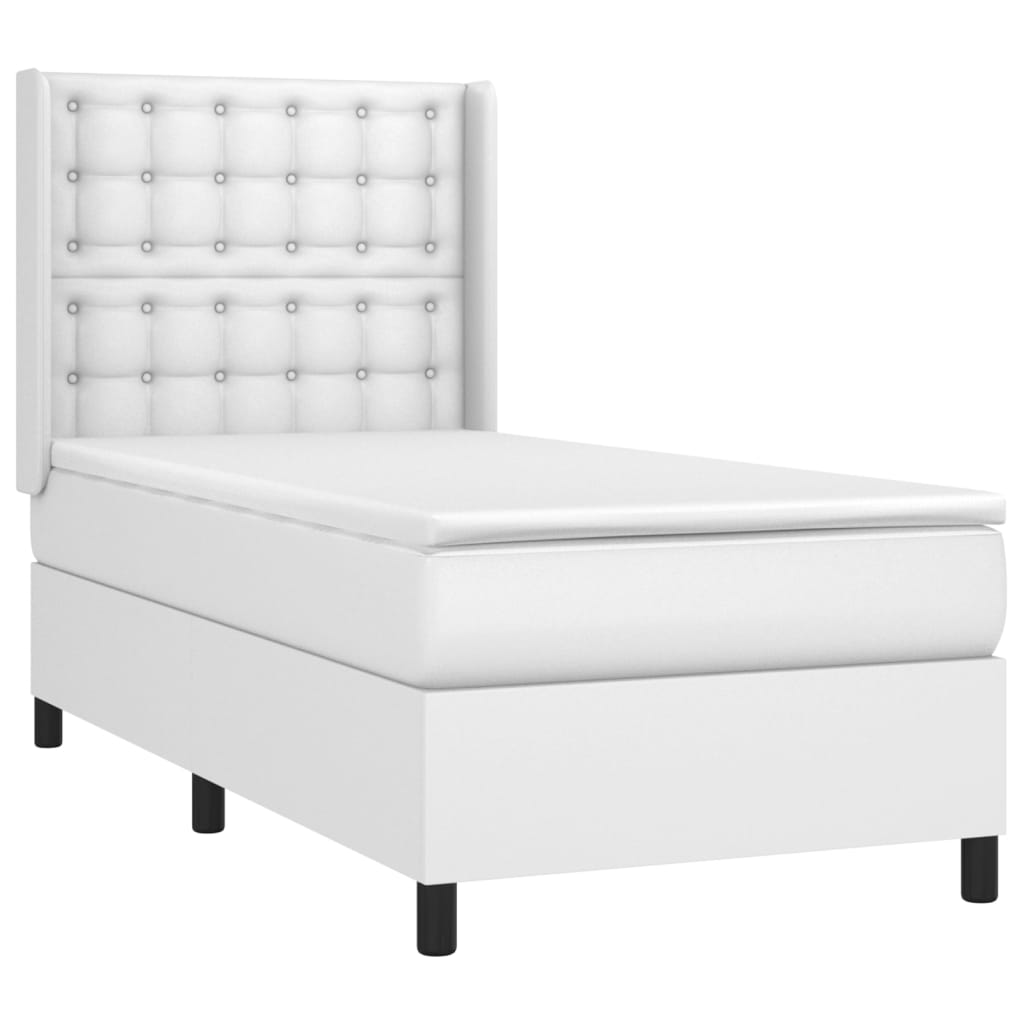 Cama box spring c/ colchão/LED 80x200cm couro artificial branco