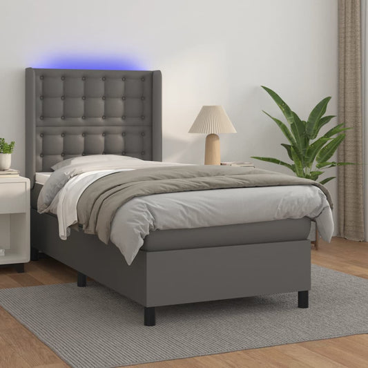 Cama box spring c/ colchão/LED 90x190 cm couro artificial cinza