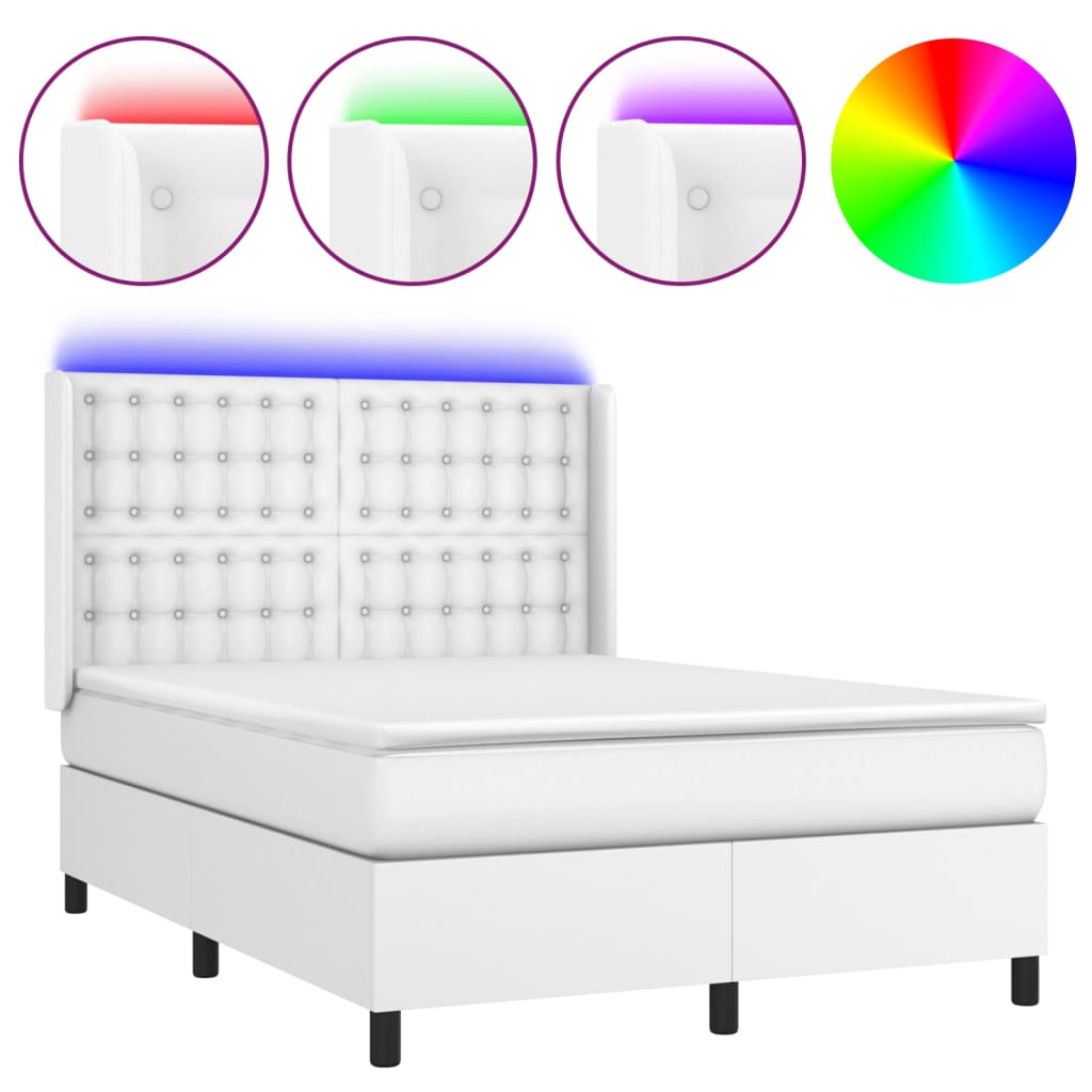 Cama box spring c/colchão/LED 140x190cm couro artificial branco