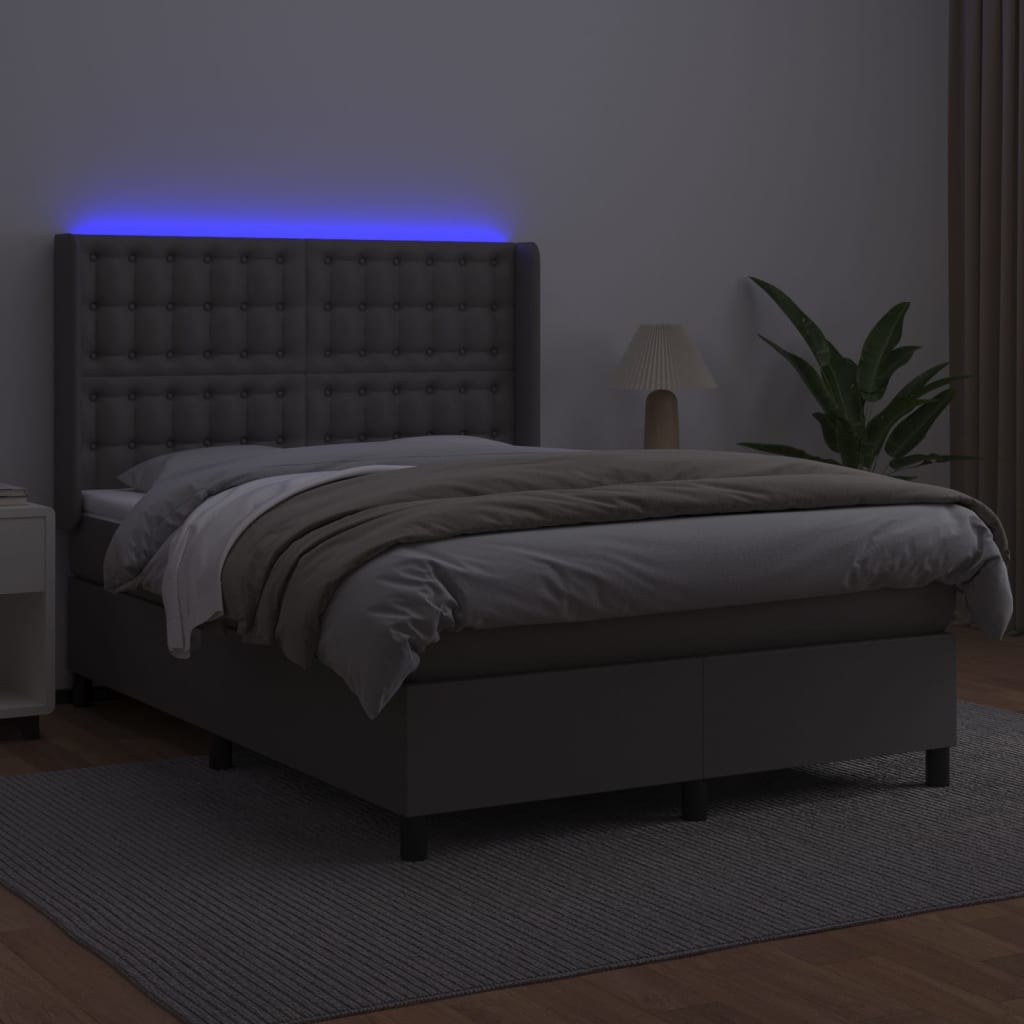 Cama box spring c/ colchão/LED 140x190cm couro artificial cinza