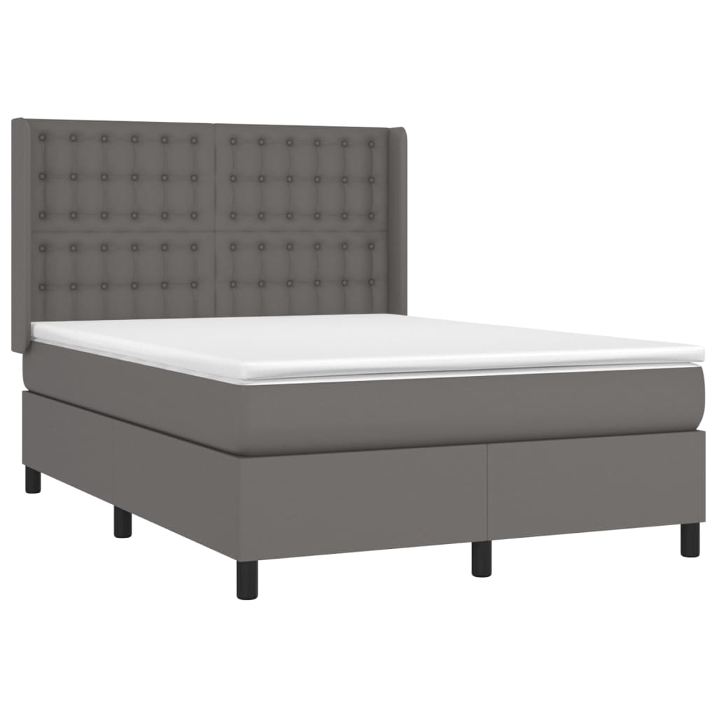 Cama box spring c/ colchão/LED 140x190cm couro artificial cinza