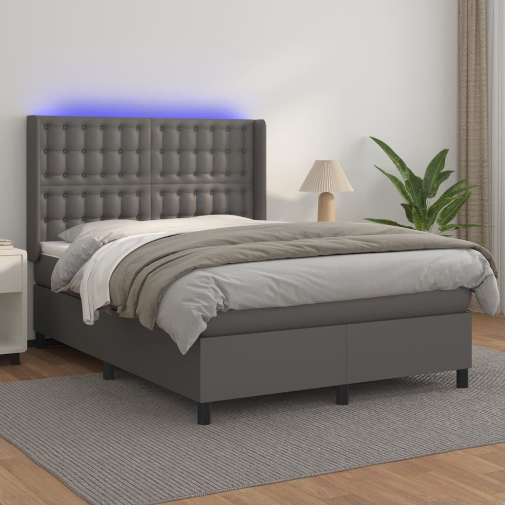 Cama box spring c/ colchão/LED 140x190cm couro artificial cinza