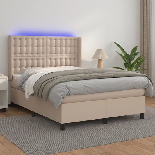 Cama box spring c/colchão/LED 140x190cm couro artif. cappuccino