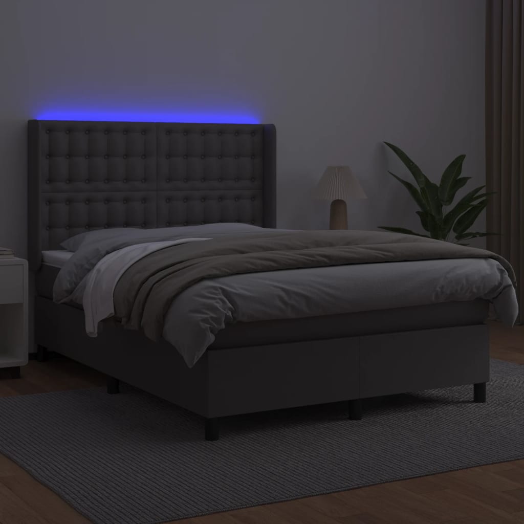 Cama box spring c/ colchão/LED 140x200cm couro artificial cinza