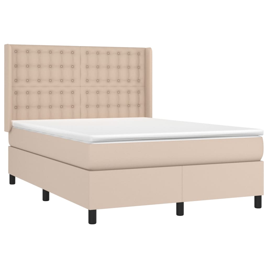 Cama box spring c/colchão/LED 140x200cm couro artif. cappuccino