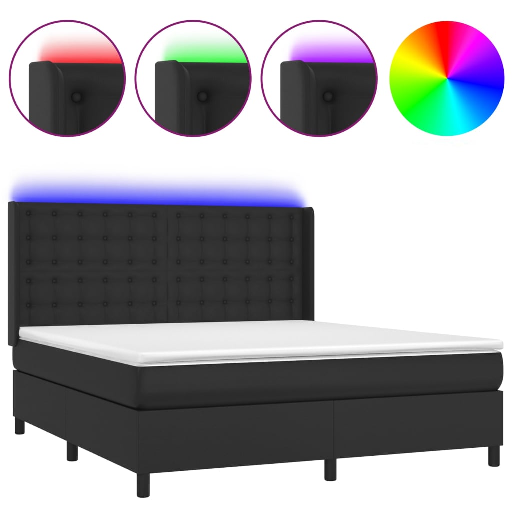 Cama box spring c/ colchão/LED 160x200cm couro artificial preto