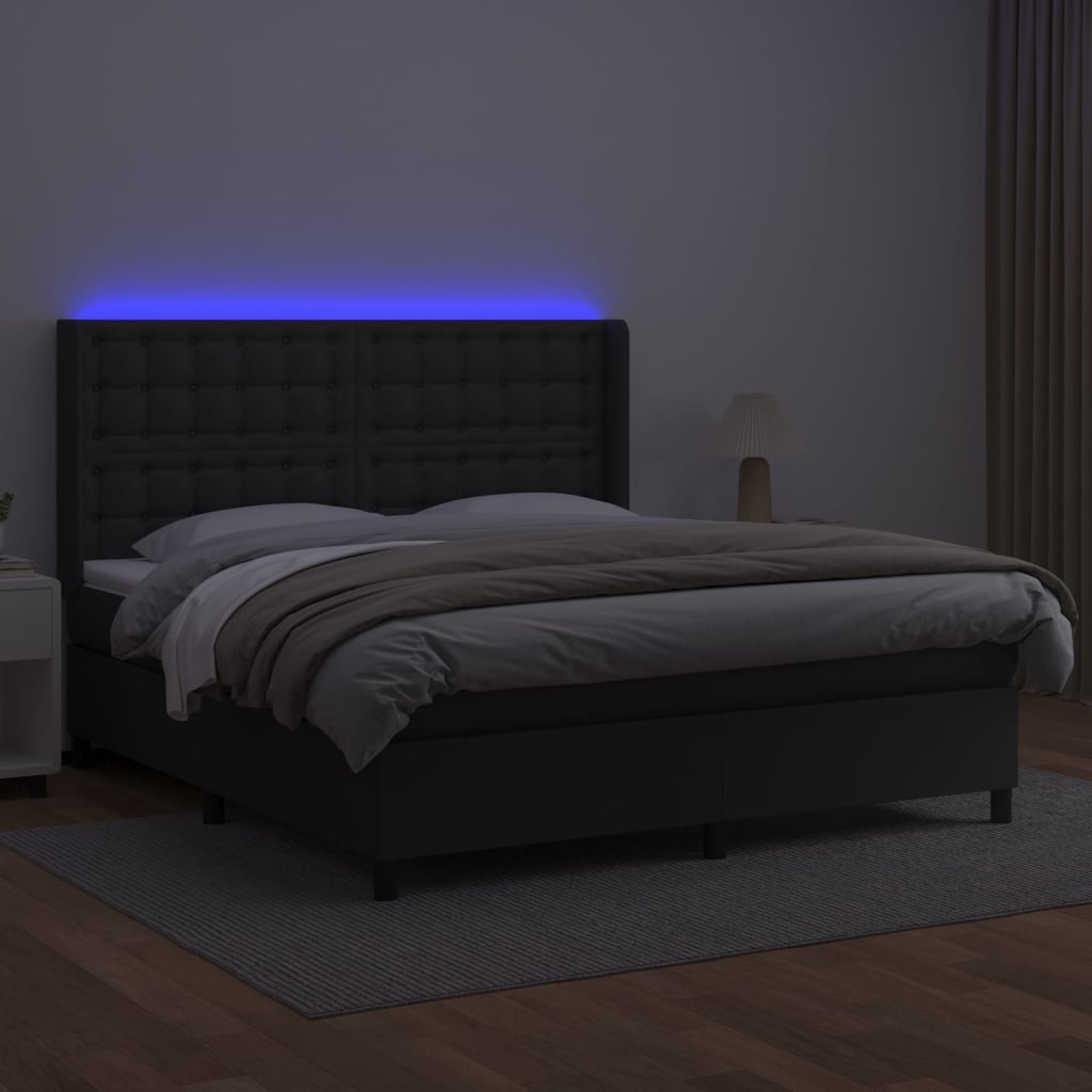 Cama box spring c/ colchão/LED 160x200cm couro artificial preto