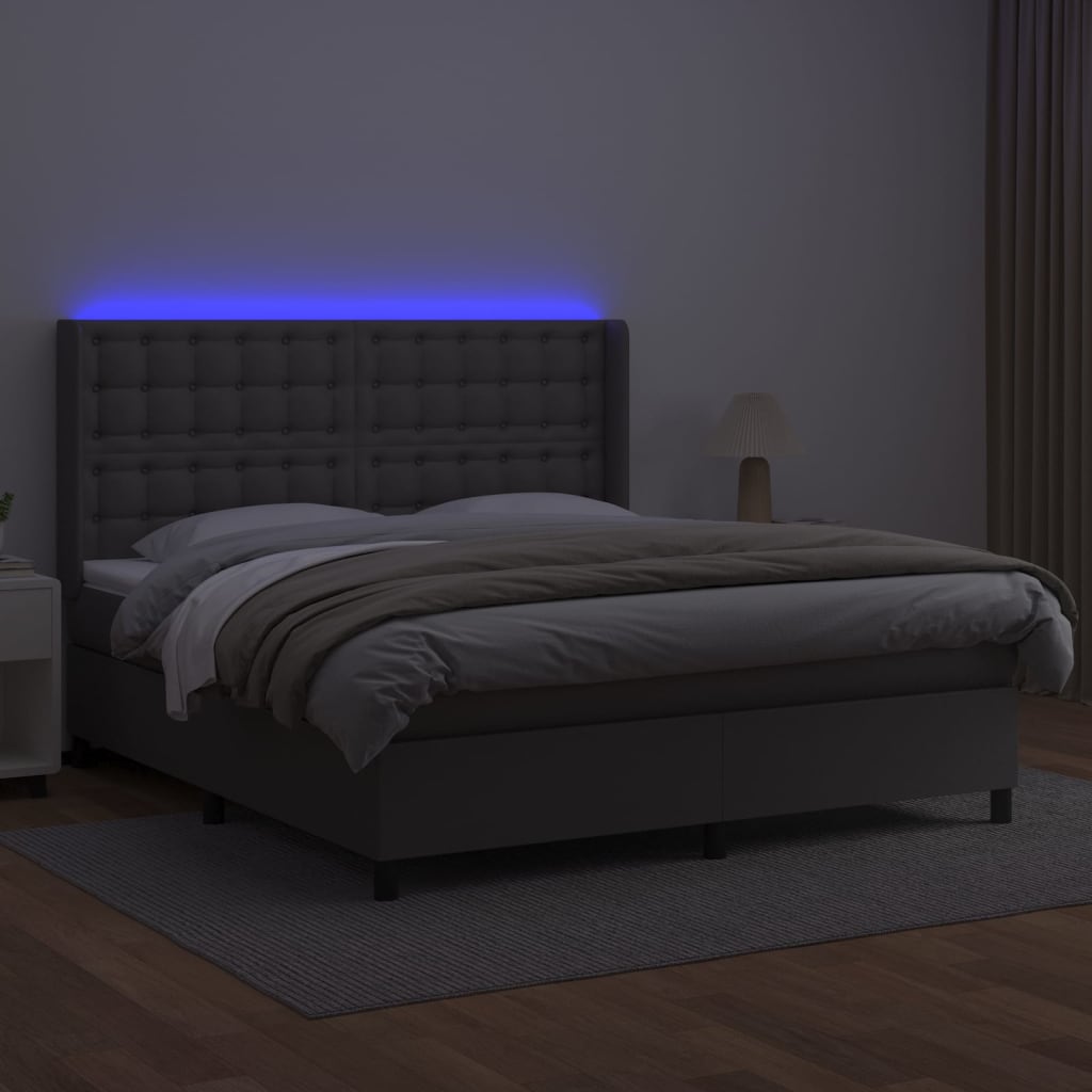 Cama box spring c/ colchão/LED 160x200cm couro artificial cinza