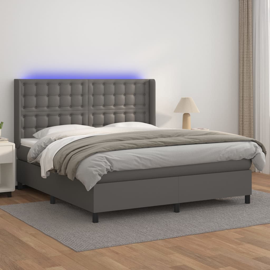 Cama box spring c/ colchão/LED 180x200cm couro artificial cinza