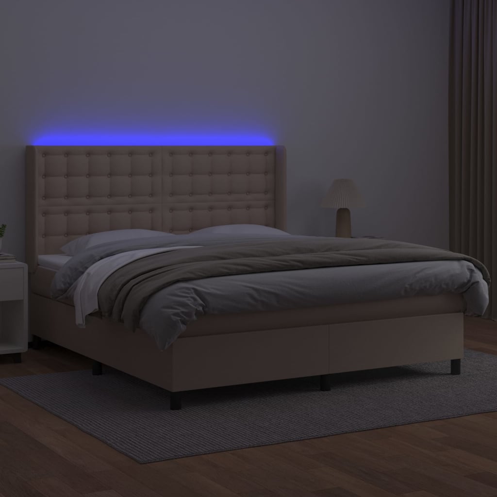 Cama box spring c/colchão/LED 180x200cm couro artif. cappuccino