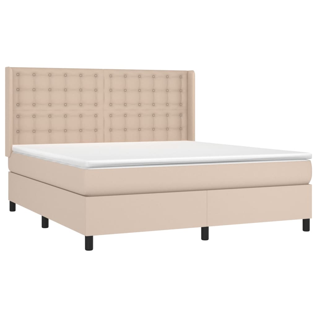 Cama box spring c/colchão/LED 180x200cm couro artif. cappuccino