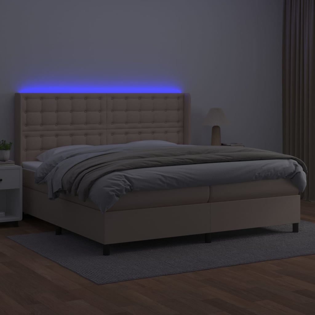 Cama box spring c/colchão/LED 200x200cm couro artif. cappuccino