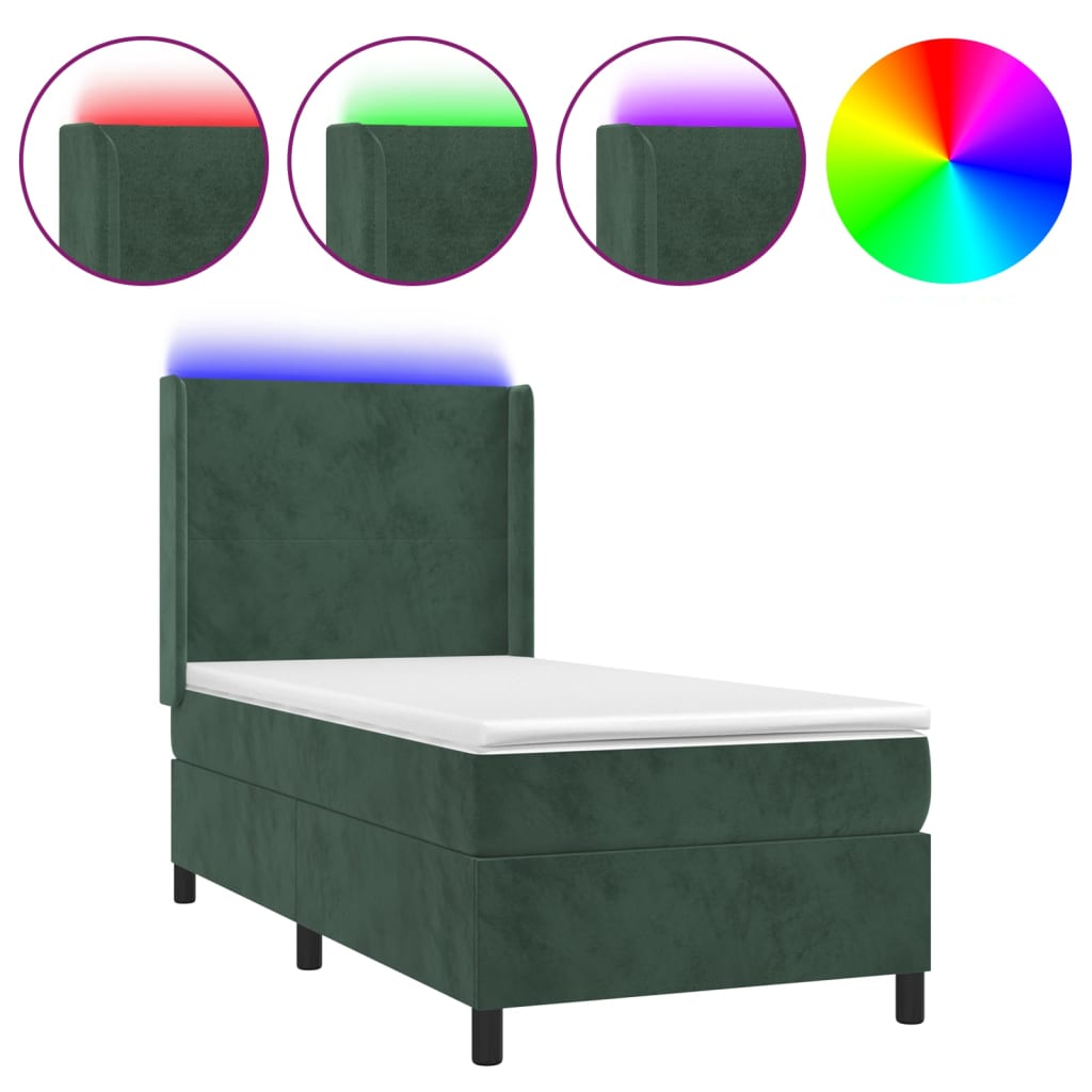 Cama box spring c/ colchão/LED 90x190 cm veludo verde-escuro