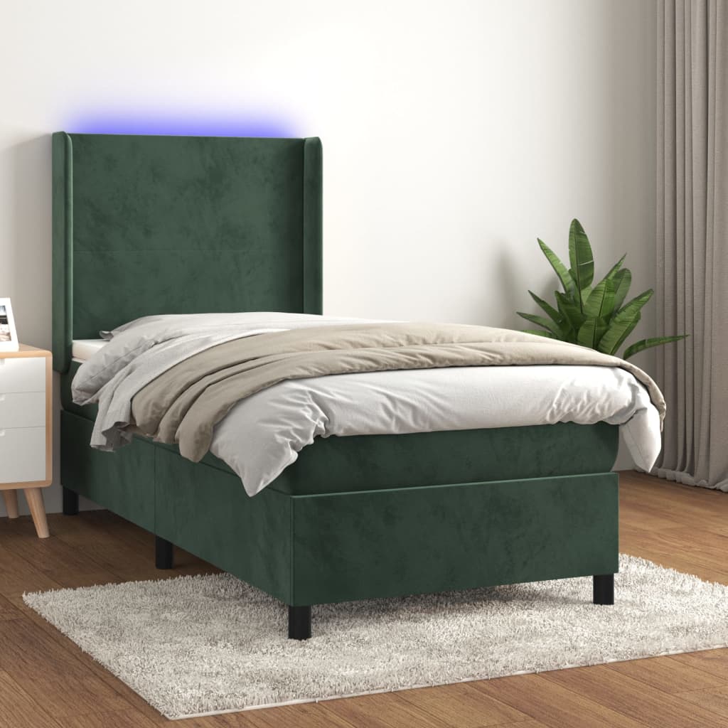 Cama box spring c/ colchão/LED 90x200 cm veludo verde-escuro