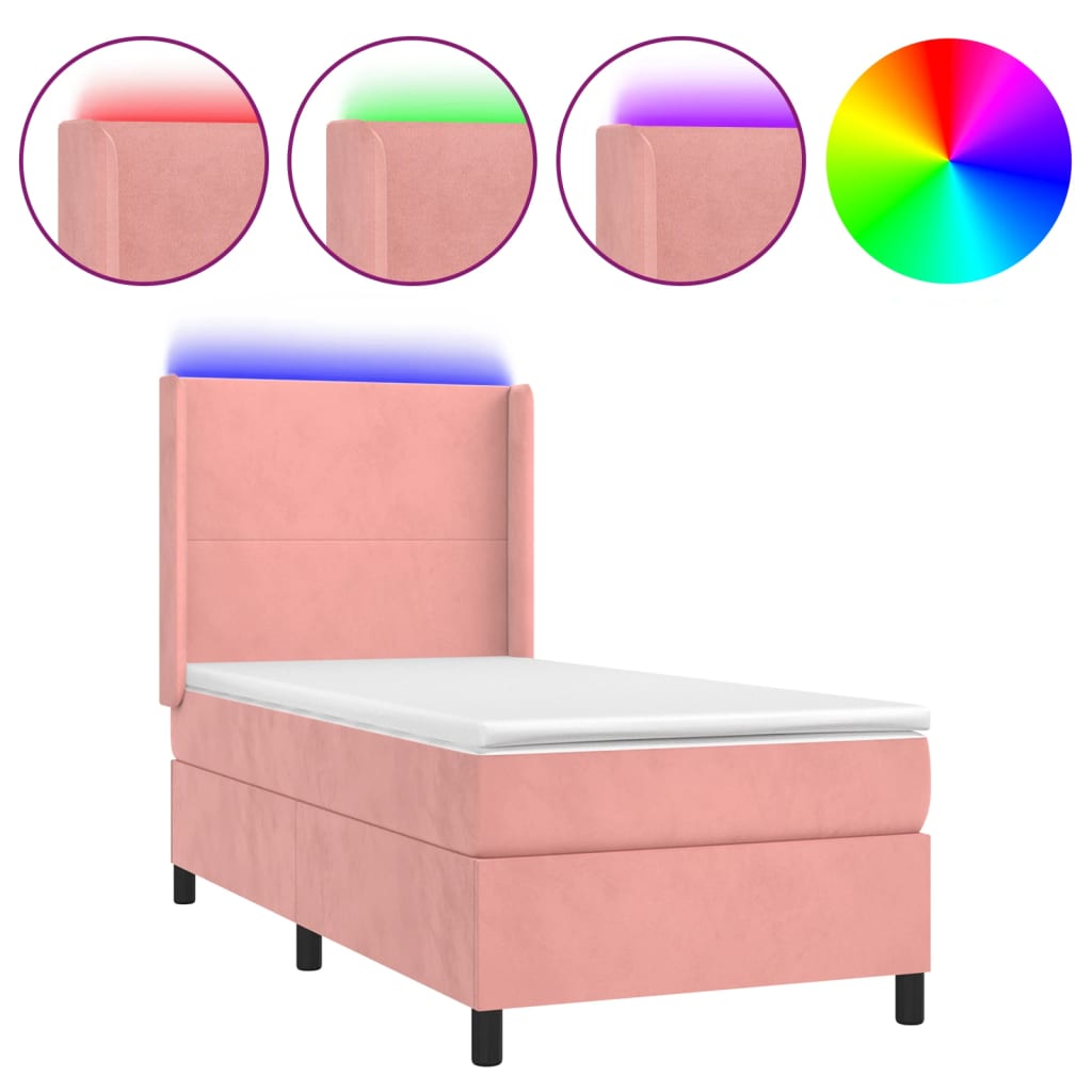 Cama box spring c/ colchão/LED 90x200 cm veludo rosa