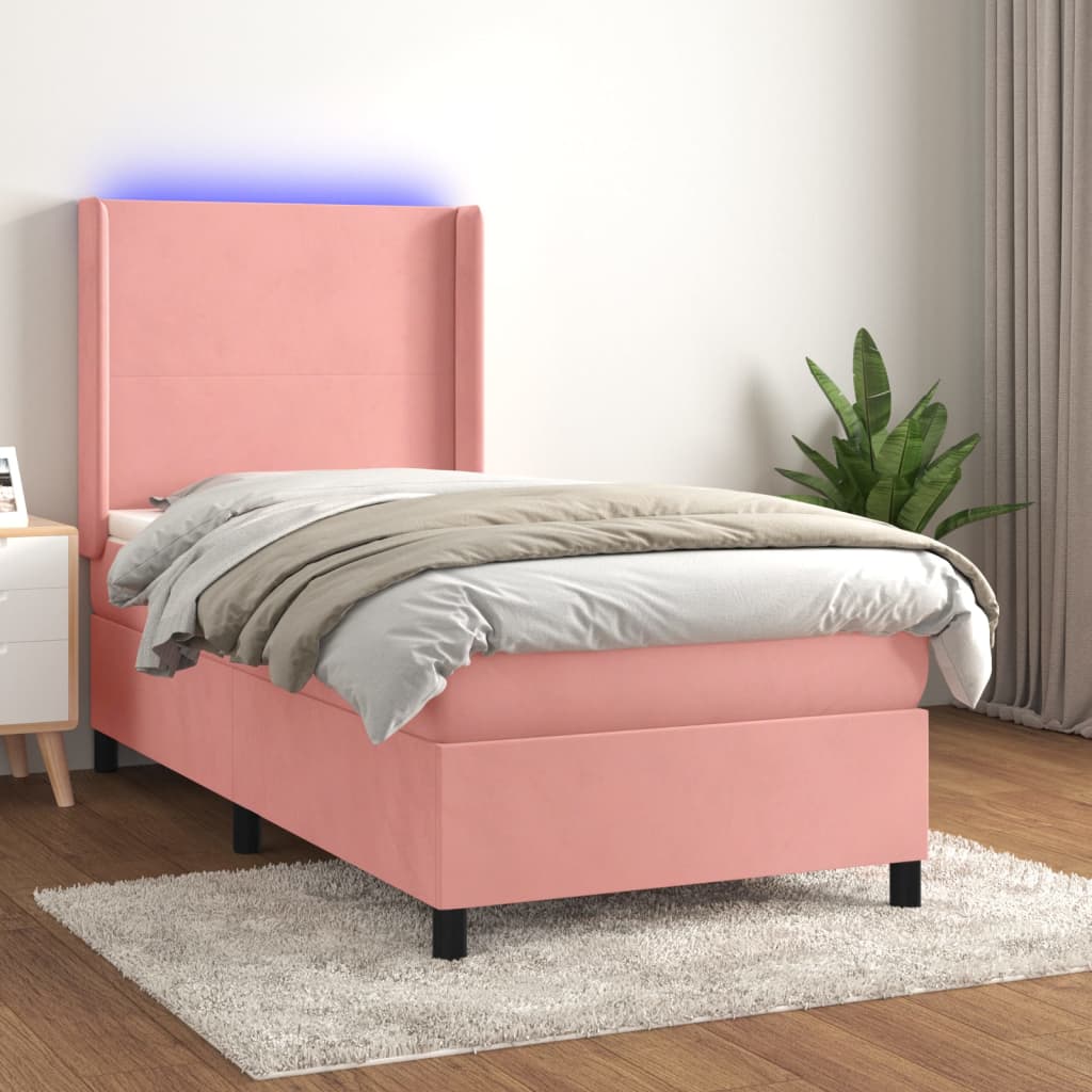 Cama box spring c/ colchão/LED 90x200 cm veludo rosa