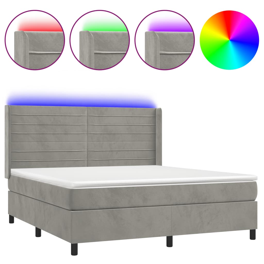 Cama box spring c/ colchão/LED 160x200 cm veludo cinzento-claro