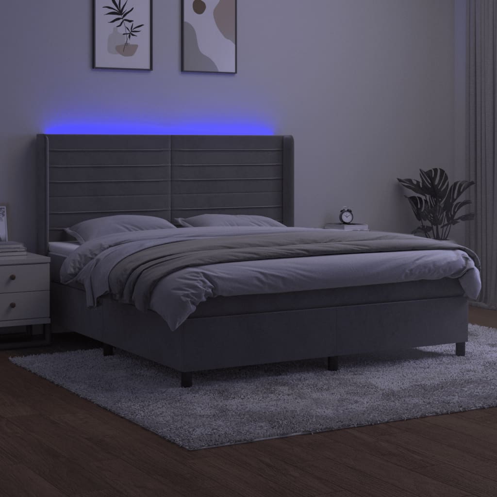 Cama box spring c/ colchão/LED 160x200 cm veludo cinzento-claro