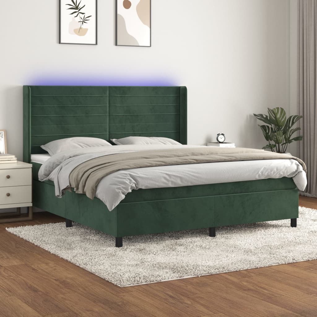 Cama box spring c/ colchão/LED 160x200 cm veludo verde-escuro