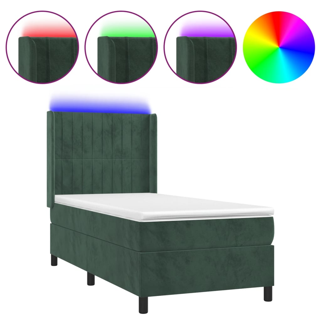 Cama box spring c/ colchão/LED 90x190 cm veludo verde-escuro