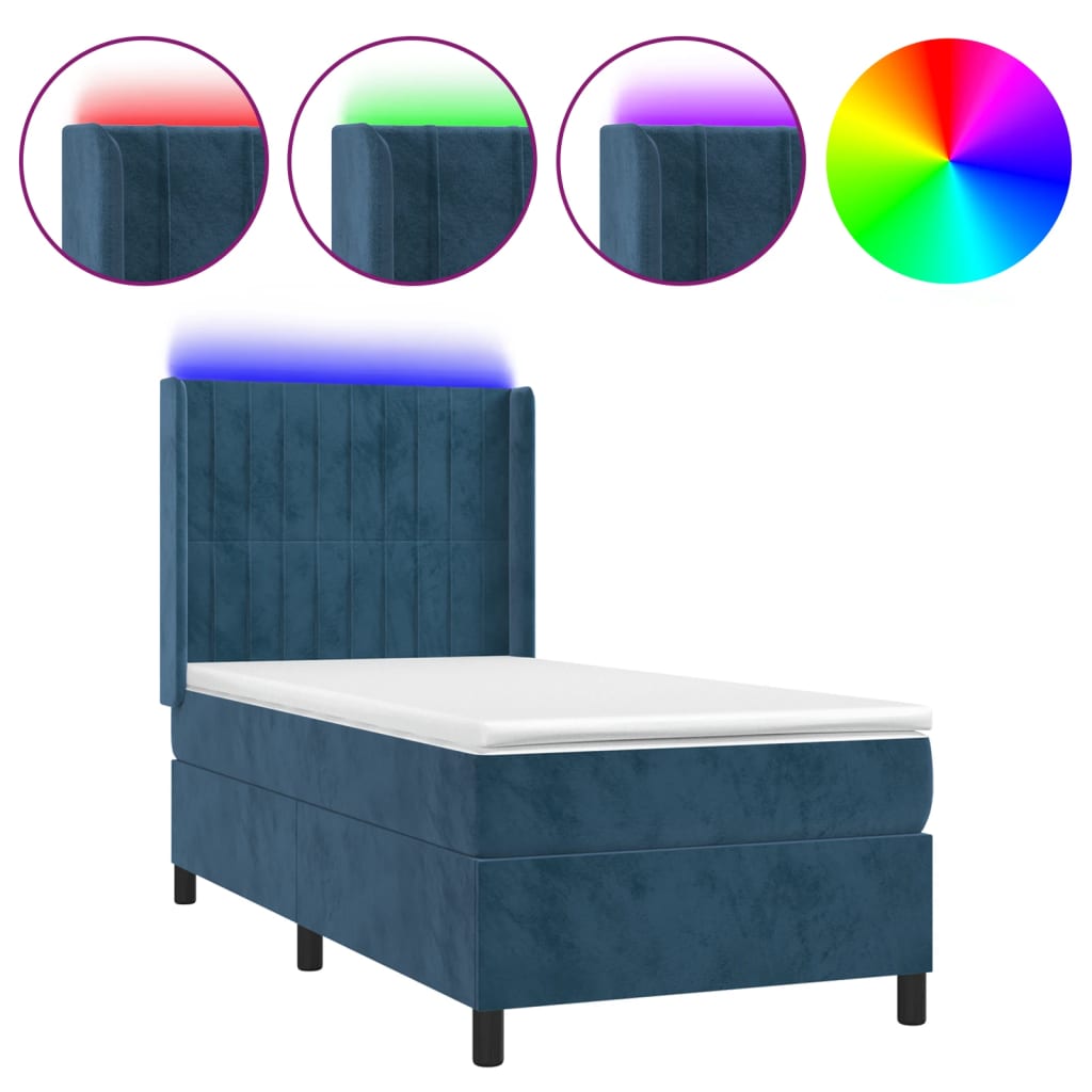 Cama box spring c/ colchão/LED 90x200 cm veludo azul-escuro