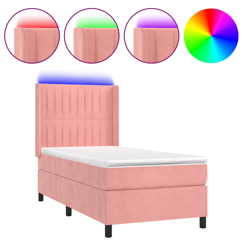 Cama box spring c/ colchão/LED 90x200 cm veludo rosa