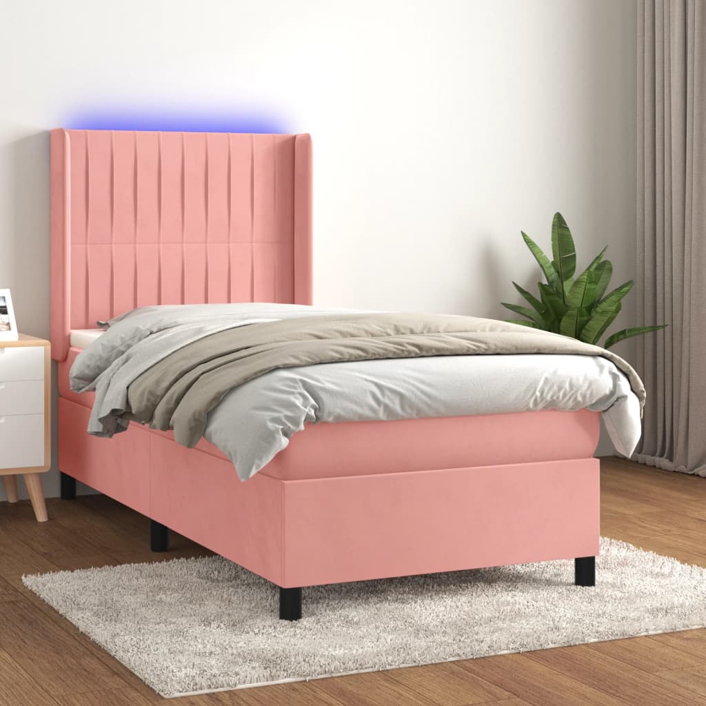 Cama box spring c/ colchão/LED 90x200 cm veludo rosa