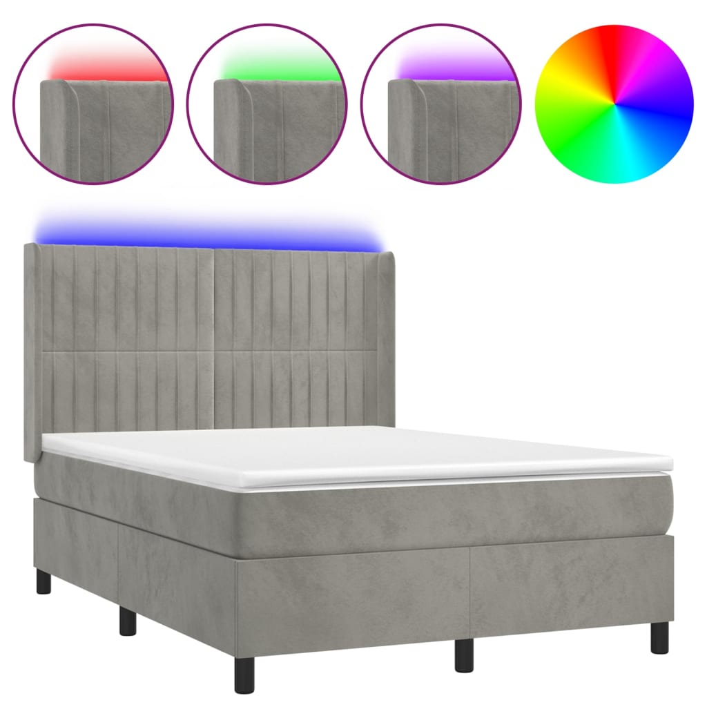 Cama box spring c/ colchão/LED 140x190 cm veludo cinzento