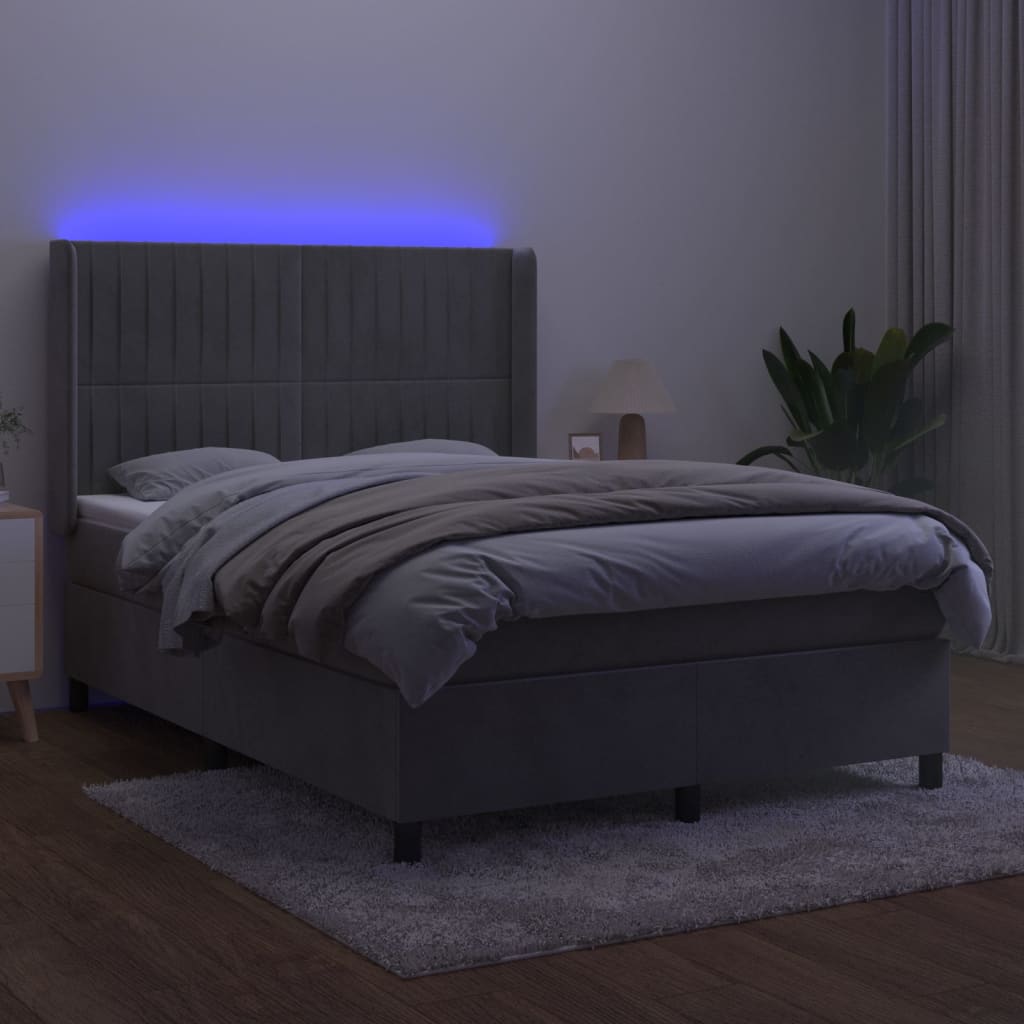 Cama box spring c/ colchão/LED 140x190 cm veludo cinzento