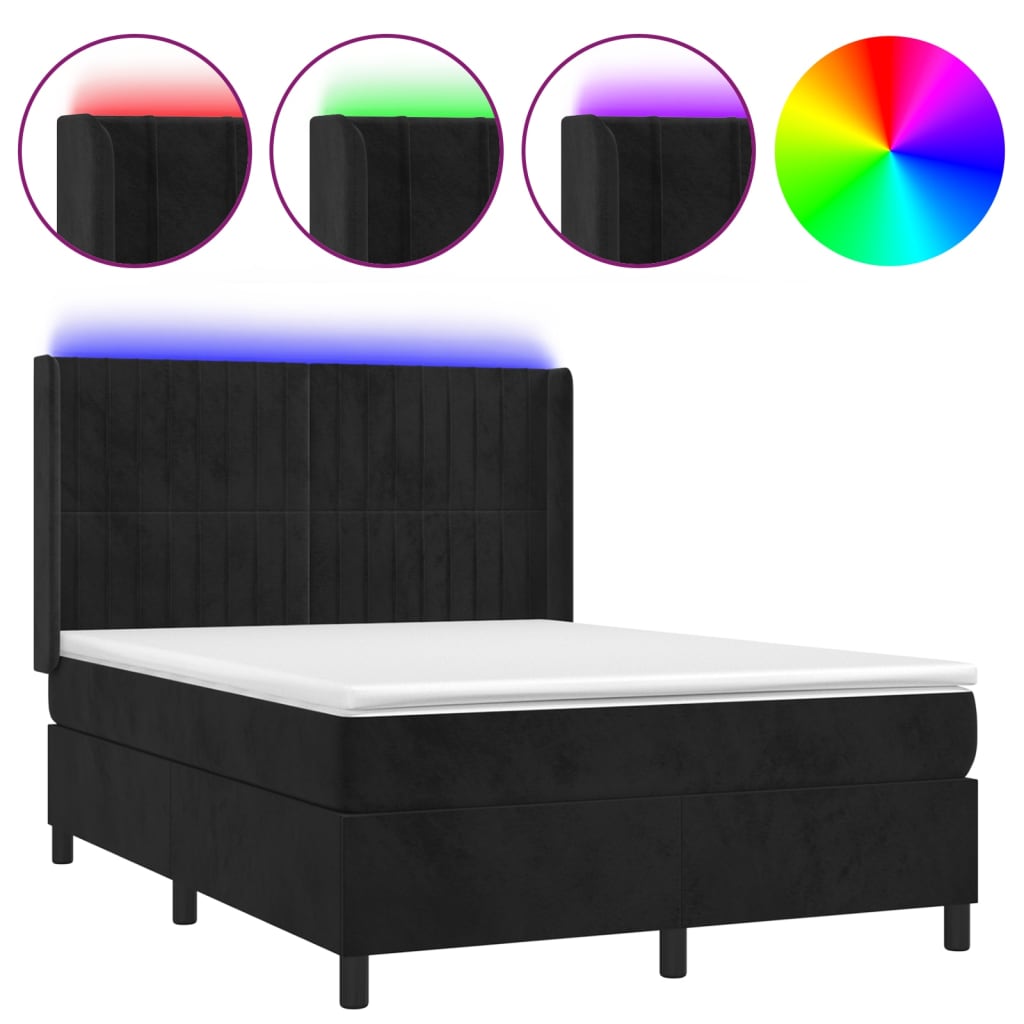 Cama box spring c/ colchão/LED 140x190 cm veludo preto