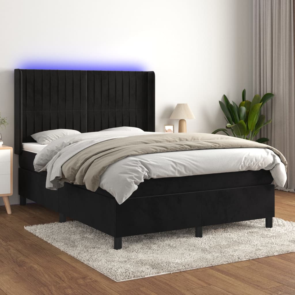 Cama box spring c/ colchão/LED 140x190 cm veludo preto