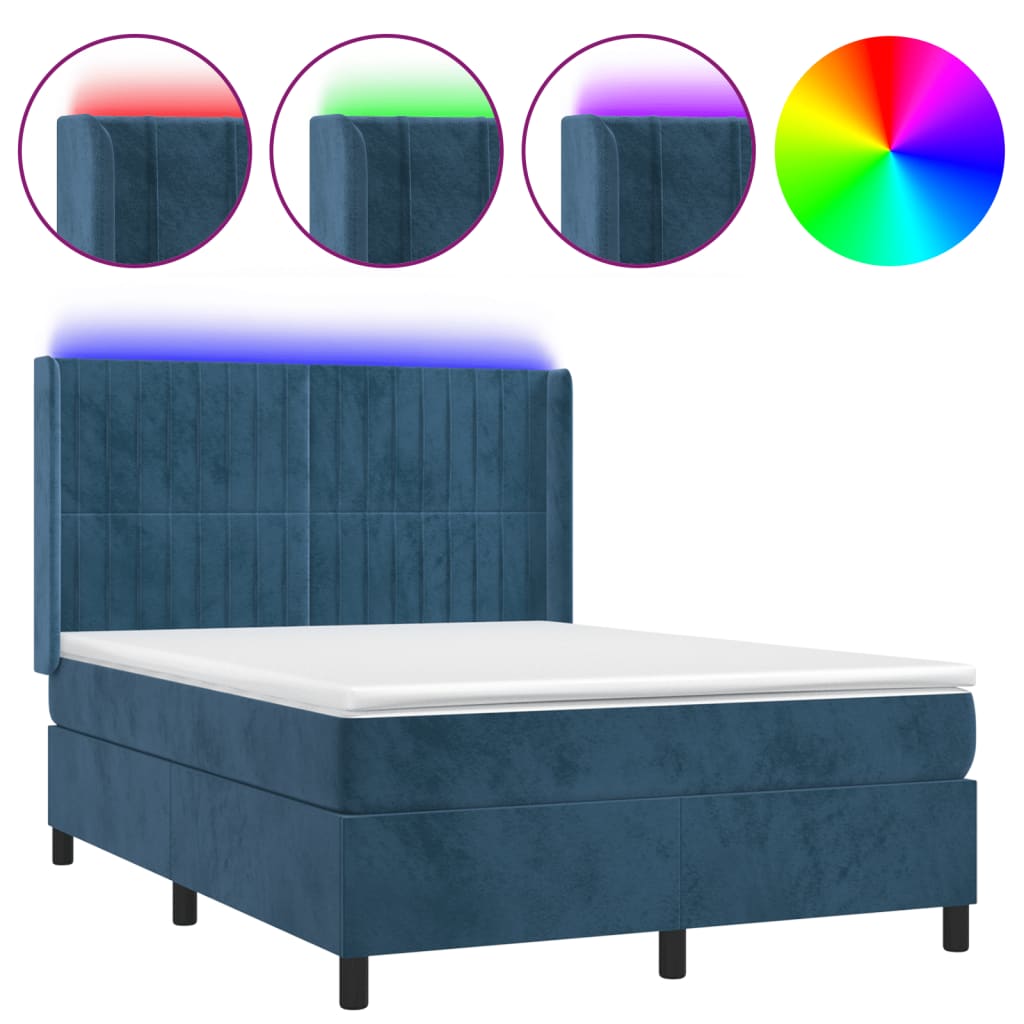 Cama box spring c/ colchão/LED 140x190 cm veludo azul-escuro