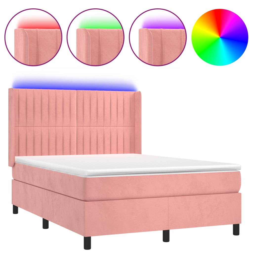 Cama box spring c/ colchão/LED 140x190 cm veludo rosa