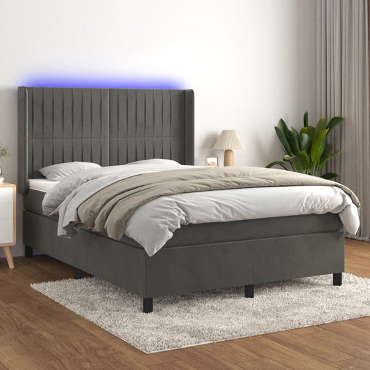 Cama box spring c/ colchão/LED 140x200cm veludo cinzento-escuro