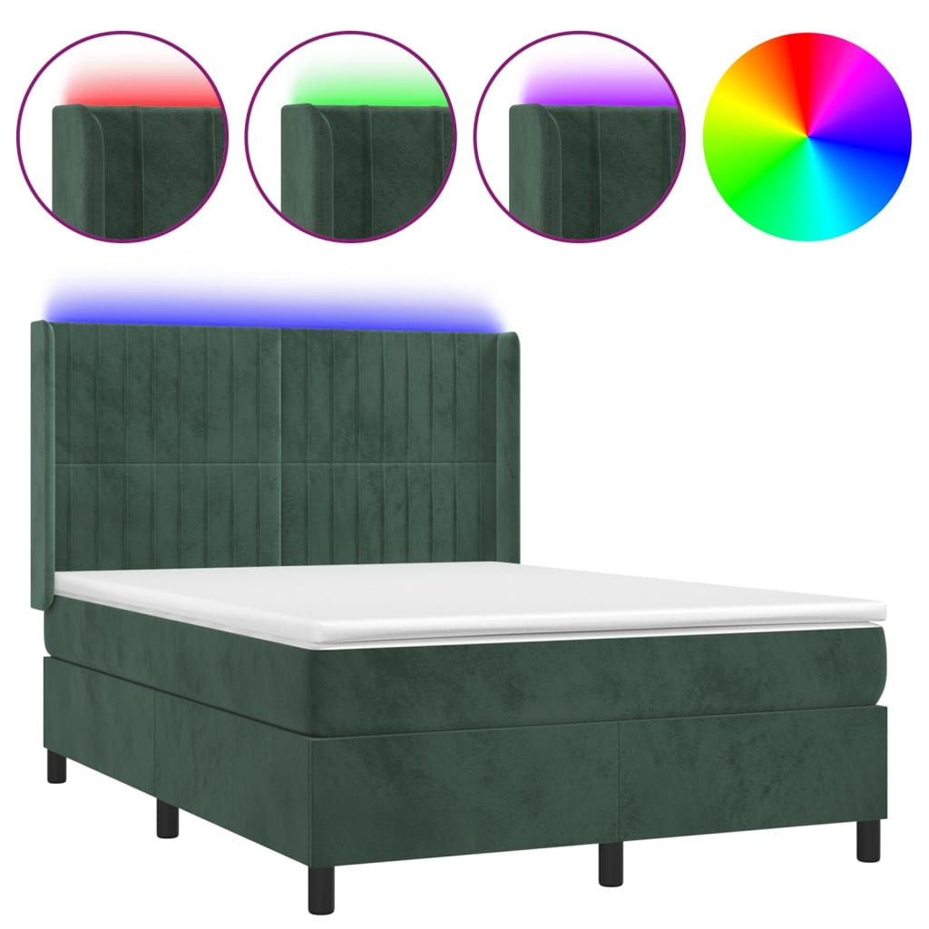 Cama box spring c/ colchão/LED 140x200 cm veludo verde-escuro