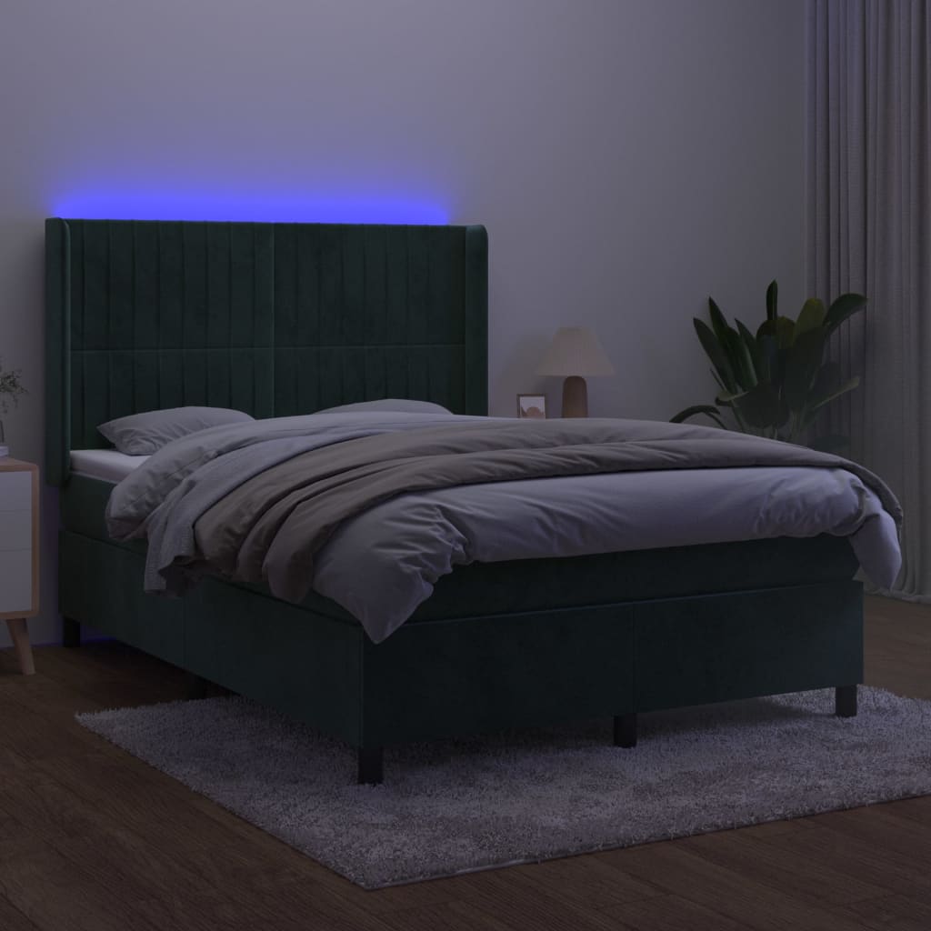 Cama box spring c/ colchão/LED 140x200 cm veludo verde-escuro