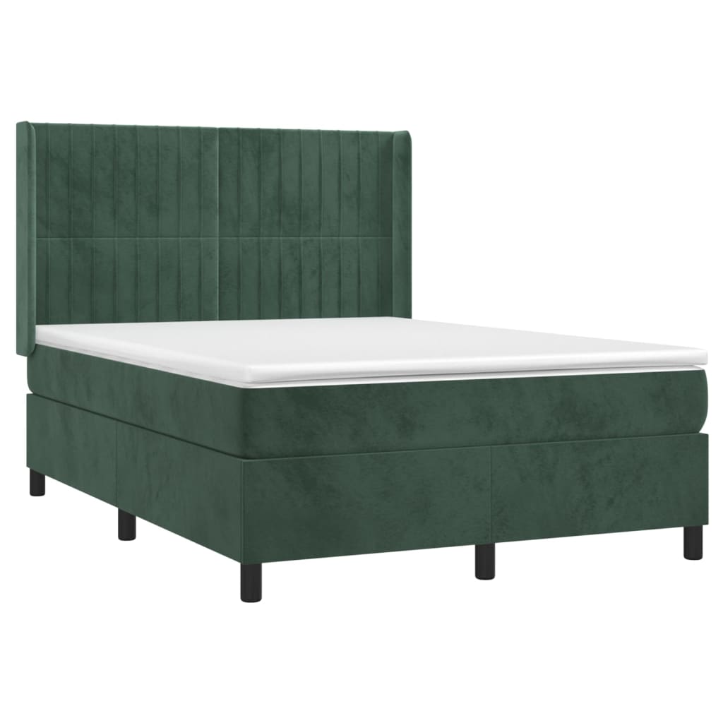 Cama box spring c/ colchão/LED 140x200 cm veludo verde-escuro